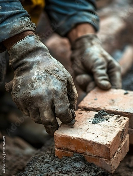 Obraz Professional builder using a cement and trowel during building a wall