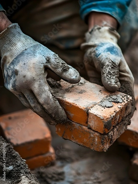 Obraz Professional builder using a cement and trowel during building a wall