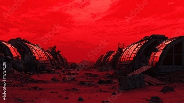 Fototapeta Futuristic Abandoned Space Colony Under Blood Red Sky at Dusk