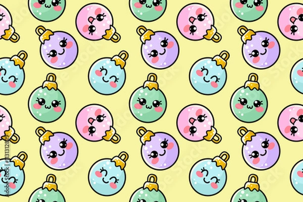 Fototapeta Seamless pattern with vector outline cute kawaii Christmas tree balls on yellow background for kids, baby, children