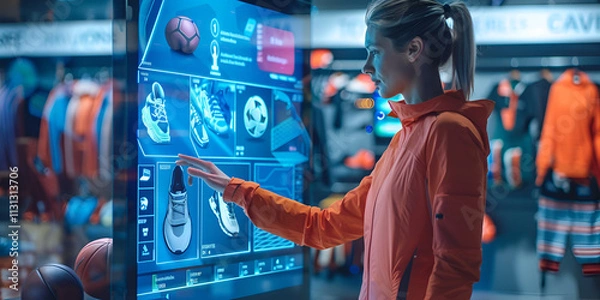 Fototapeta  Female athlete exploring sports gear on interactive display, Shopper using digital wall to browse athletic items in store