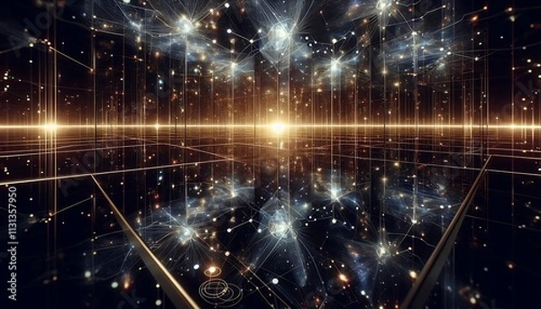 Fototapeta intricate glowing constellation patterns projected onto a sleek reflective glass plane,magical celestial atmosphere