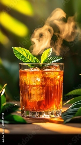 Fototapeta Indonesian teh botol, bottled sweet tea served over ice with a tropical backdrop, Southeast Asian beverage, classic and refreshing