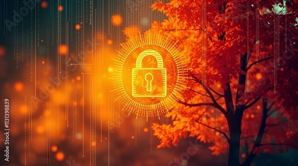 Obraz glowing padlock icon with a vibrant autumn-themed background representing data security