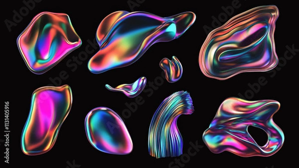 Obraz Bold holographic liquid metal shapes set isolated. Iridescent wavy melted substance. Ai generated