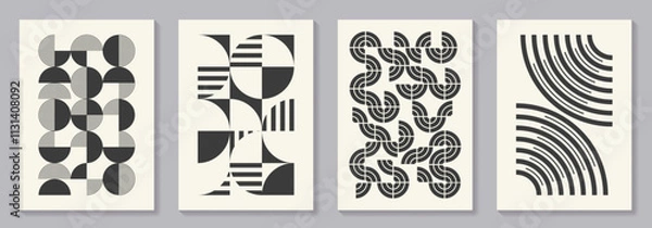 Obraz Retro set of black and white geometric vector pattern minimal posters with 20s geometric design. Trendy bauhaus pattern background for cover design, poster and interior.