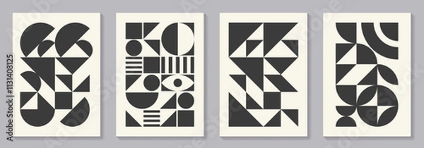 Obraz Retro set of black and white geometric vector pattern minimal posters with 20s geometric design. Trendy bauhaus pattern background for cover design, poster and interior.
