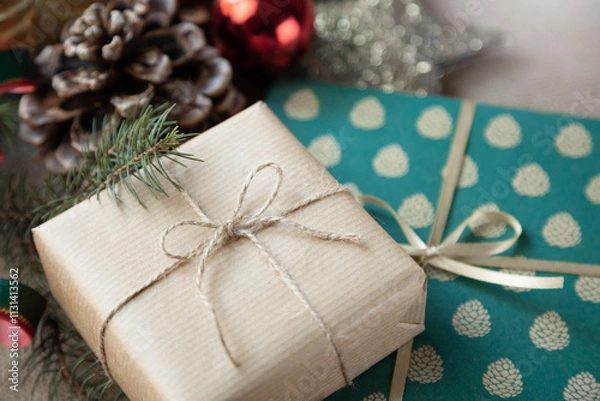 Obraz A close-up of Christmas gifts wrapped in elegant paper, surrounded by festive holiday decorations, in a retro style.
