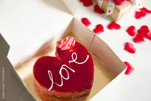 Obraz A heart-shaped cake with the inscription "Love" as a symbol of affection is placed in a box on the table. The theme is Valentine's Day.