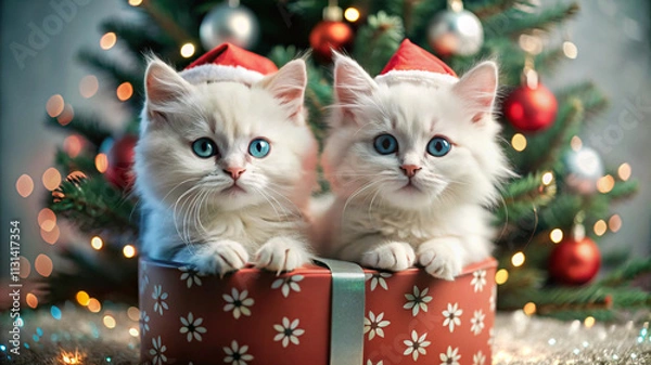 Fototapeta Two adorable white kittens wearing Santa hats, sitting on top of red gift boxes with snowflake designs.