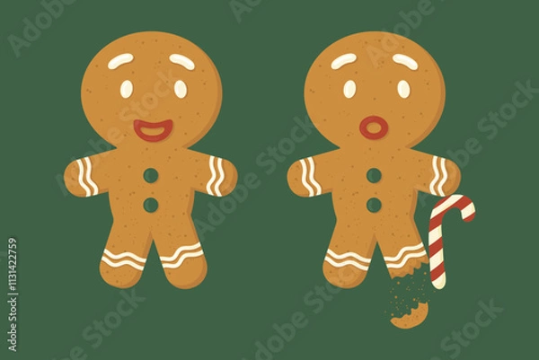 Fototapeta A set of gingerbread men. Funny and smiling, another man with a broken leg leaning on a lollipop cane. An illustration of a Christmas cookie.