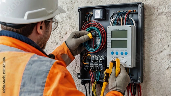 Obraz Electrician installing smart meter for efficient energy automation, highlighting advanced power monitoring technology and sustainable solutions for modern energy management systems.