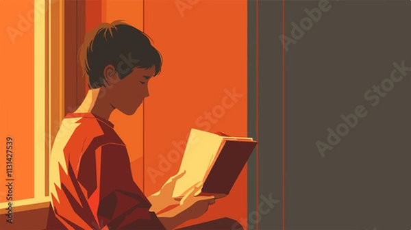 Fototapeta Boy Reading Book Back View Illustration in Flat Vector Style