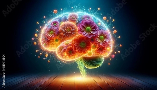 Fototapeta glowing brain with blooming flowers representing growth, creativity, and positive psychological,generative ai