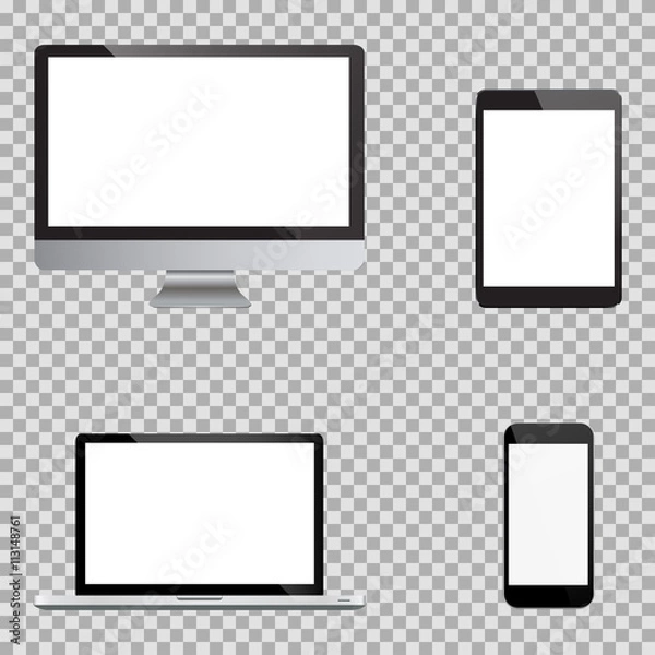Fototapeta Set of realistic computer monitors, laptops, tablets and mobile phones. Electronic gadgets, isolated, on white background