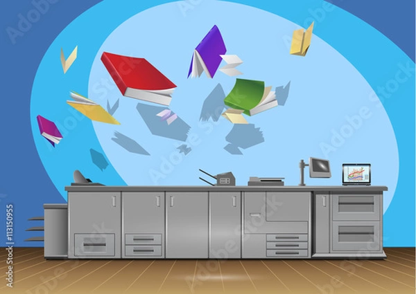 Obraz Vector image of a digital printing machine, and several kinds of promotional products