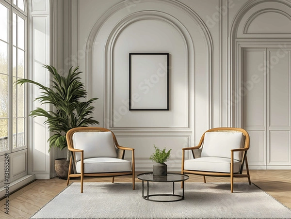 Fototapeta A mockup of a square black and white photo in a modern parisien salon