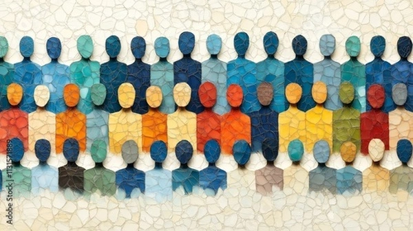 Obraz A mosaic of diverse human figures symbolizing unity, community, and diversity with vibrant abstract patterns conveying connection and inclusion of DEI
