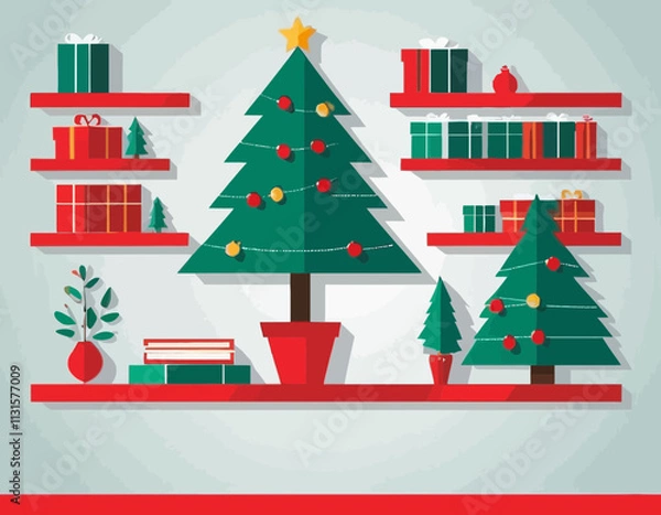 Fototapeta Christmas tree background and red shelf on the wall for display .Merry Christmas text Calligraphic Lettering Vector illustration.