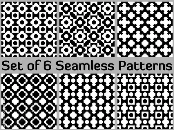 Fototapeta Set of 6 monochromic seamless patterns with various geometric shapes of white and black shades
