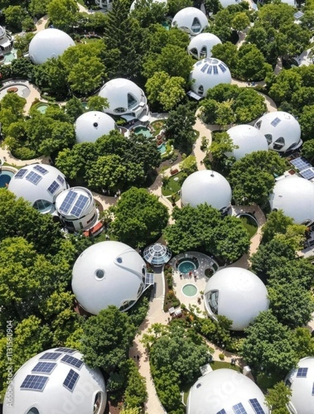 Fototapeta Aerial View of Eco-Village with Futuristic Geodesic Domes and Solar Panels Amidst Lush Greenery  