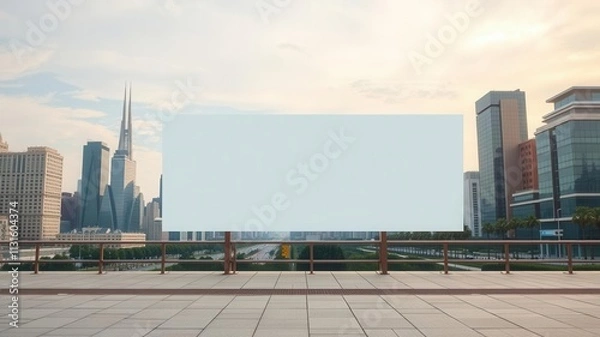Obraz An outdoor poster mockup displayed on a sidewalk with a city skyline in the background, skyline, modern, branding