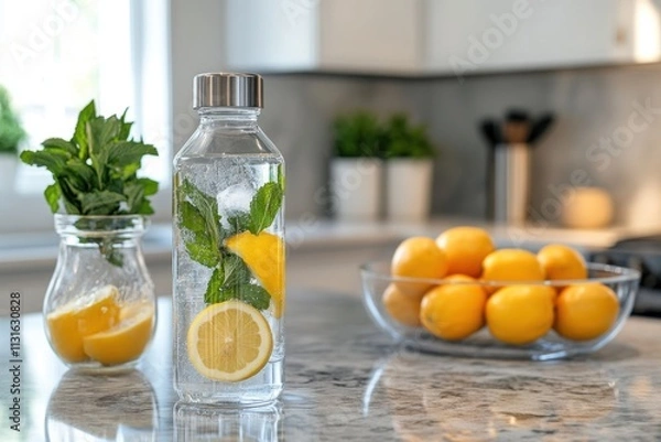 Obraz Refreshing lemon mint water on a kitchen counter with fresh lemons and mint