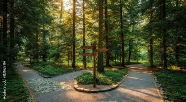 Fototapeta Sunlit forest path splitting into two directions with signpost