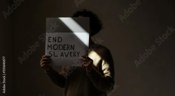 Fototapeta Shadowed figure holding sign that reads "End Modern Slavery"
