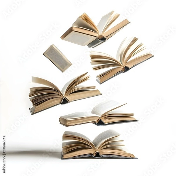 Fototapeta Set of floating books open on white background