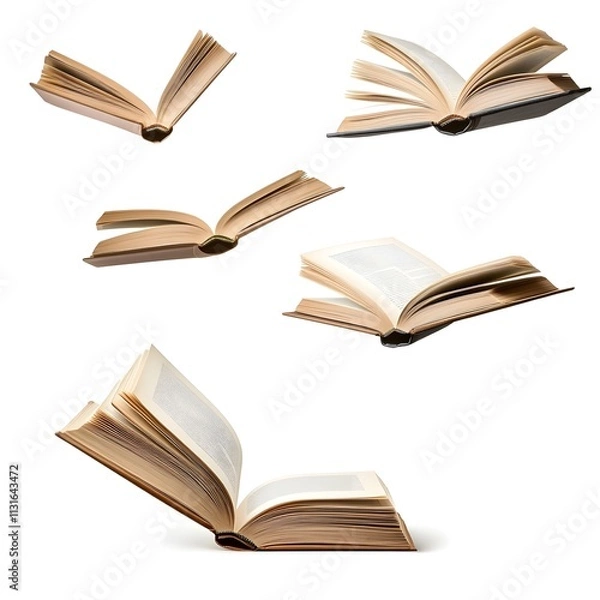 Fototapeta Set of floating books open on white background