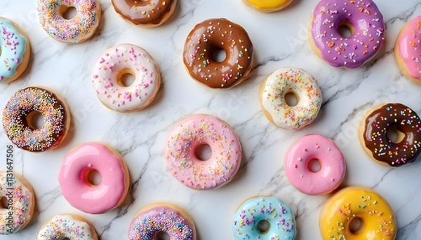 Fototapeta Colorful assortment of donuts on a marble surface with sprinkles and frosting