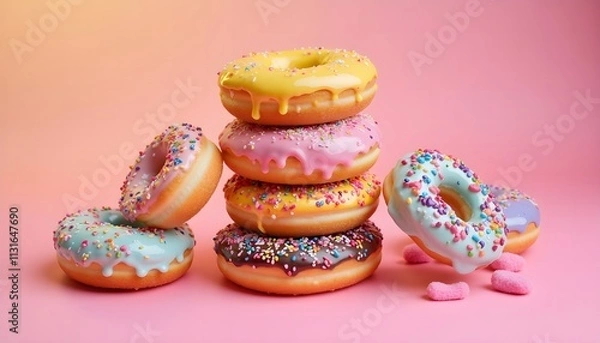 Fototapeta Colorful and delicious donuts stacked together on a vibrant background for a sweet treat display