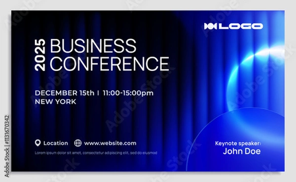Obraz Business conference invitation. Modern style banner or poster template with geometric shapes, light effects and copy space for text. Design for print. Futuristic neon vector illustration