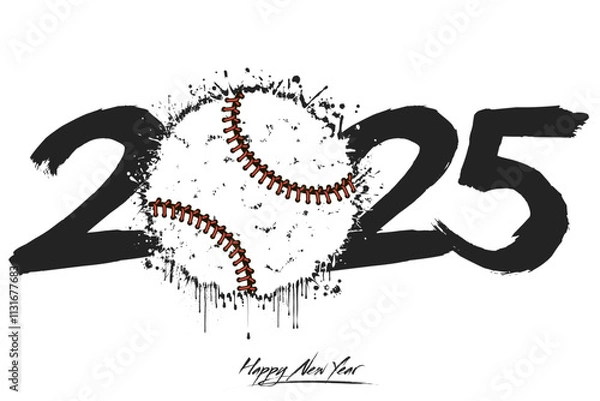 Fototapeta Numbers 2025 and a abstract baseball ball made of blots in grunge style. Design text logo Happy New Year 2025. Template for greeting card, banner, poster. Vector illustration on isolated background