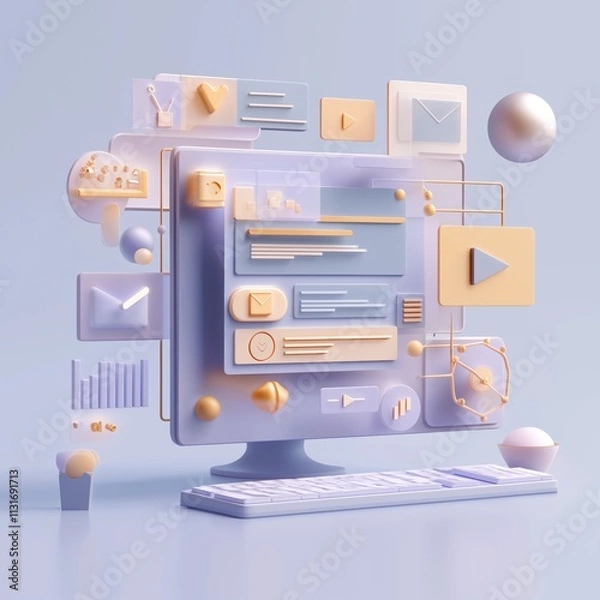 Fototapeta 3D Scene Depicting Website Creation with Vibrant and Modern Elements