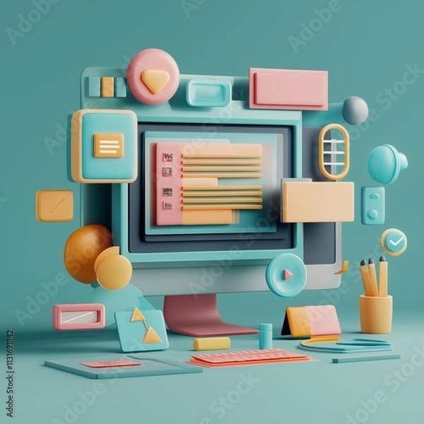 Fototapeta 3D Scene Depicting Website Creation with Vibrant and Modern Elements