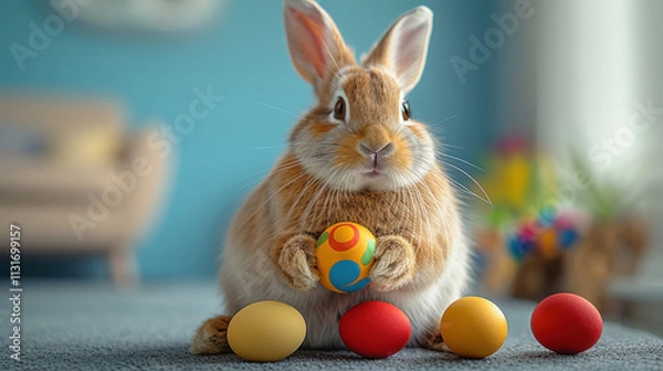 Fototapeta Cute Rabbit with Decorated Easter Eggs