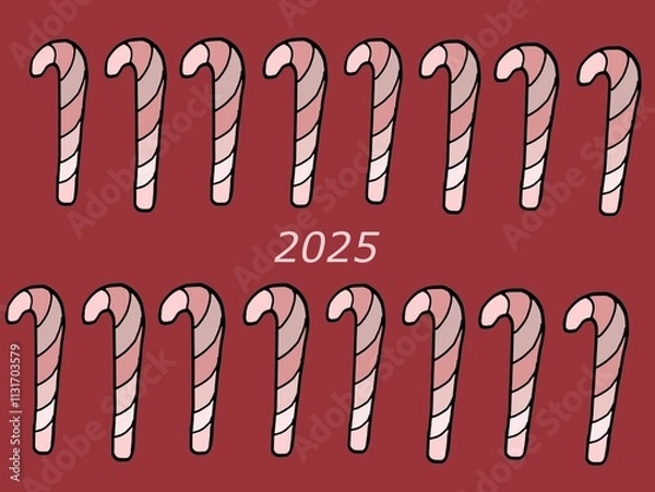Obraz a digital design of a pattern of colored candy canes with the year 2025 in the middle in a red background