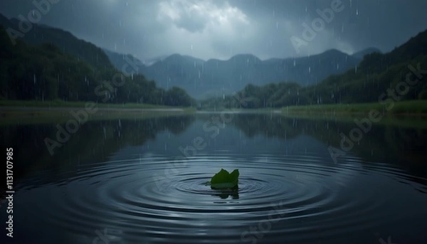 Fototapeta Raindrops create ripples on a dark surface with a single green leaf floating at the center during a calm rainy day