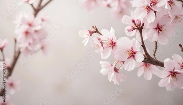 Fototapeta Cherry blossom branch with delicate pink flowers against a neutral background in a calm indoor setting
