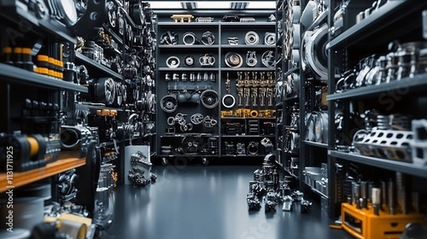 Fototapeta A Well-Organized Auto Parts Store Interior with Various Engine Components and Accessories