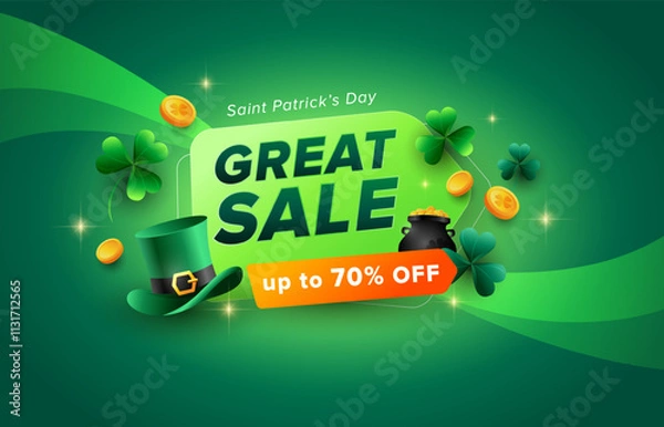 Fototapeta 3d St Patrick’s Day sale background design. Leprechaun hat, shamrock, pot of gold coins on green strap background. Vector illustration for promotion. 