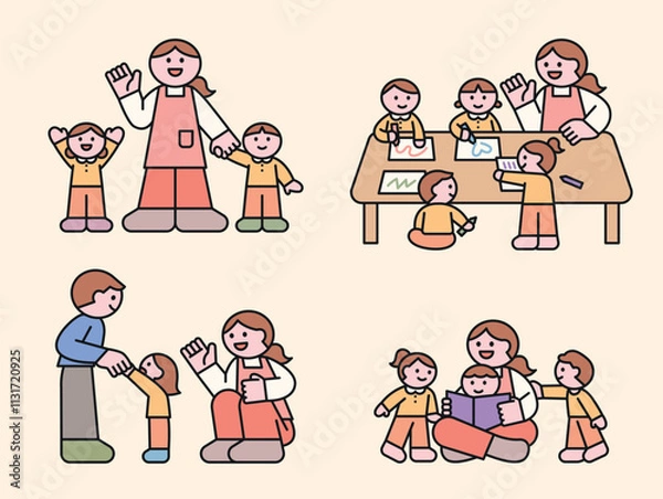 Obraz Cute children and teachers at the daycare center. They are drawing pictures and reading books together and having fun learning. Cuttiny character with outline.