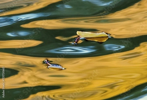 Fototapeta Leaf on the water with aspen tree reflection
