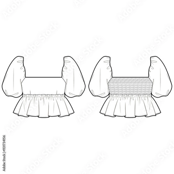 Obraz Technical Flat sketch of smocked back blouse. Vector mock up. Volume short sleeve top, Square neck. Woman cropped babydoll top with peplum, frill trim.
