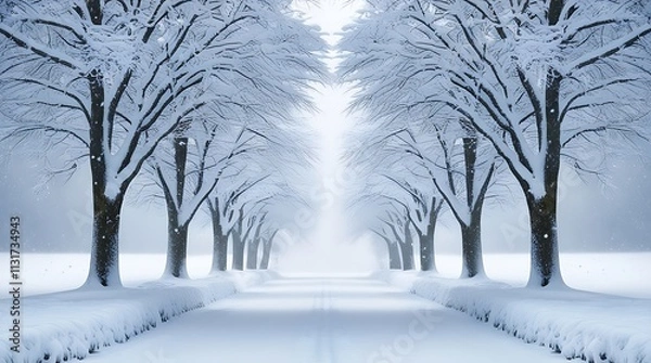 Obraz Snowy cold road covered by snow and white snow covered trees on sides of the street, winter nature