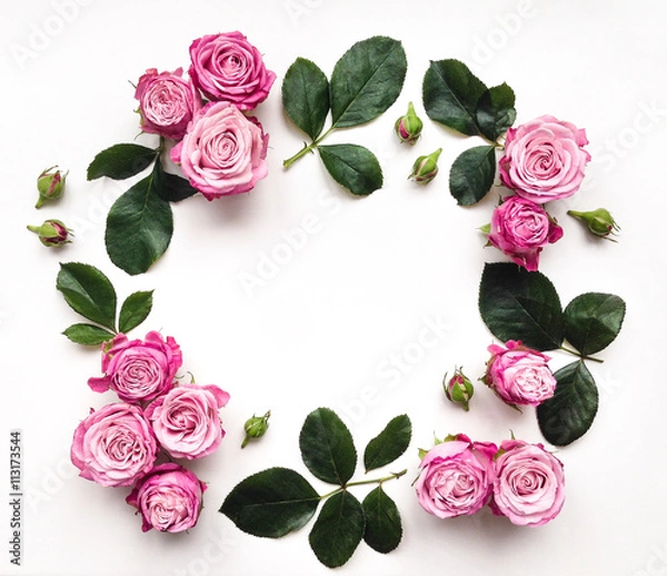Fototapeta Decorative frame with roses and leaves on white background