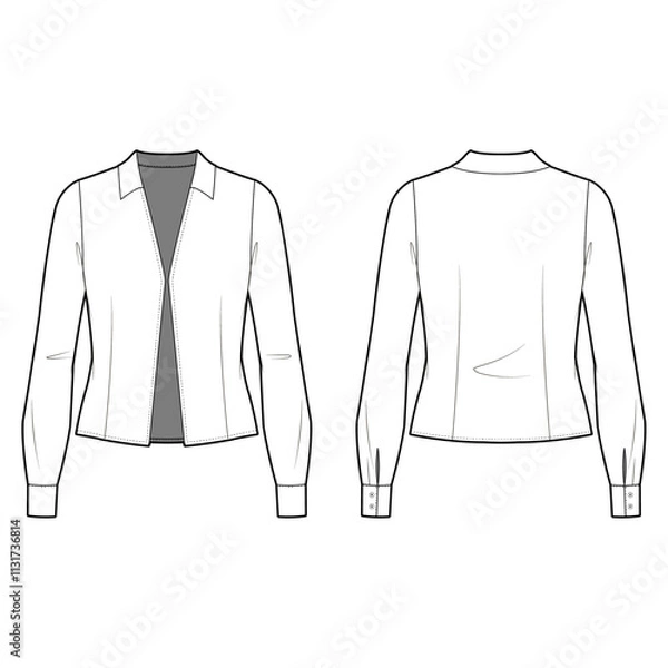 Obraz Technical Flat sketch of open front collared blouse. Vector mock up. Deep V-neck top with long sleeves. Woman cropped top with shirt collar, vertical darts. Cuffs, slit, button, tuck, snap, hook eye.