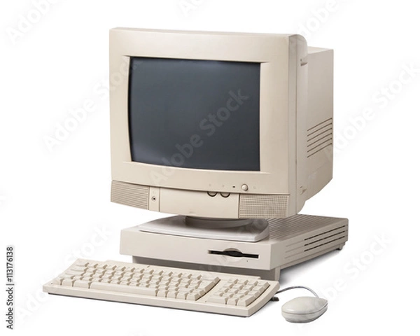 Fototapeta Stary komputer osobisty. Jednostka systemowa, monitor CRT, klawiatura i mysz na białym tle.